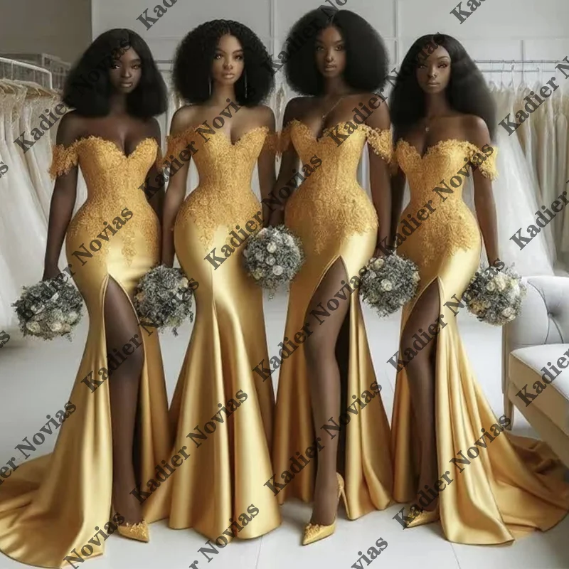 

Long Gold Mermaid Satin Bridesmaid Dresses Off Shoulder Wedding Guest Dress Robes Invitee Mariage Evening Party Gowns Customized