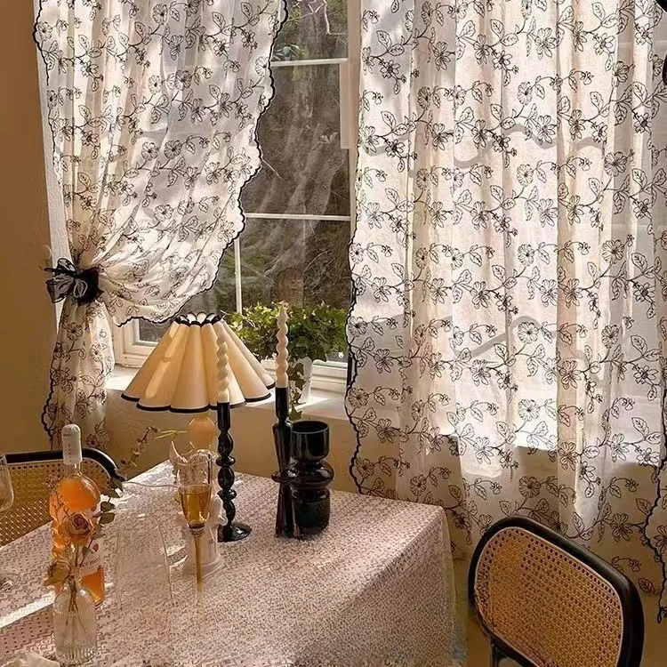 

Simple and Exquisite Literary Lace Embroidery Light Luxury Retro Bay Window Bedroom Free Punching Partition Curtains