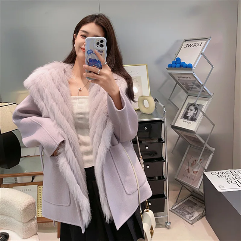 

CXFS 2025 Autumn Winter New Double-sided Cashmere Coat Women's Hooded Fox Wool One Clothes Three Wear Wool Fur Vest Coat