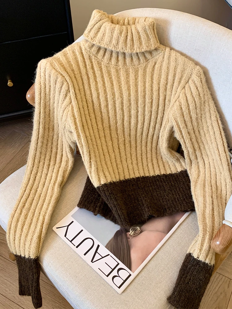 Women's Khaki Striped Pullover Two-tone Sweater Harajuku Long Sleeves Turtleneck Sweaters Jumper Vintage Y2k 2000s Clothes 2024