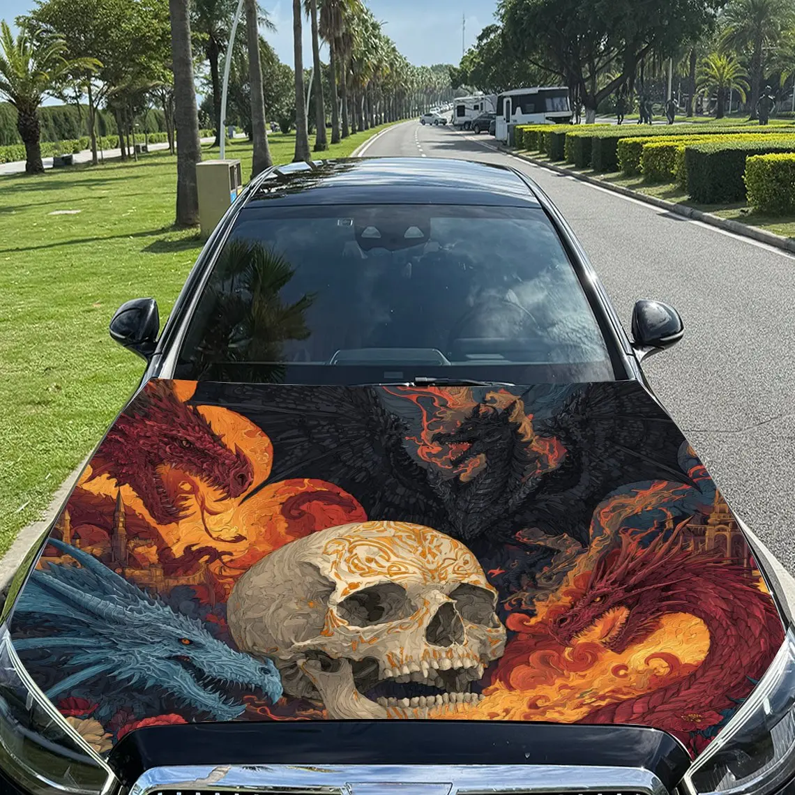

Evil Dragon Skeleton & Skull Print car hood stickers, waterproof self-adhesive, scratch resistant, easy to stick, durable car PV