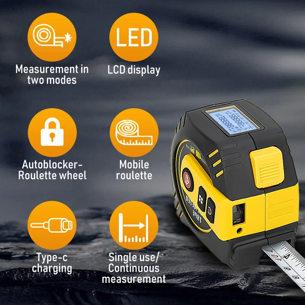 HILDA 3in1 Rechargeable Laser Tape 40M USB Multifunctional Measure Rangefinder with 5m Tape LCD Display Measuring Tool