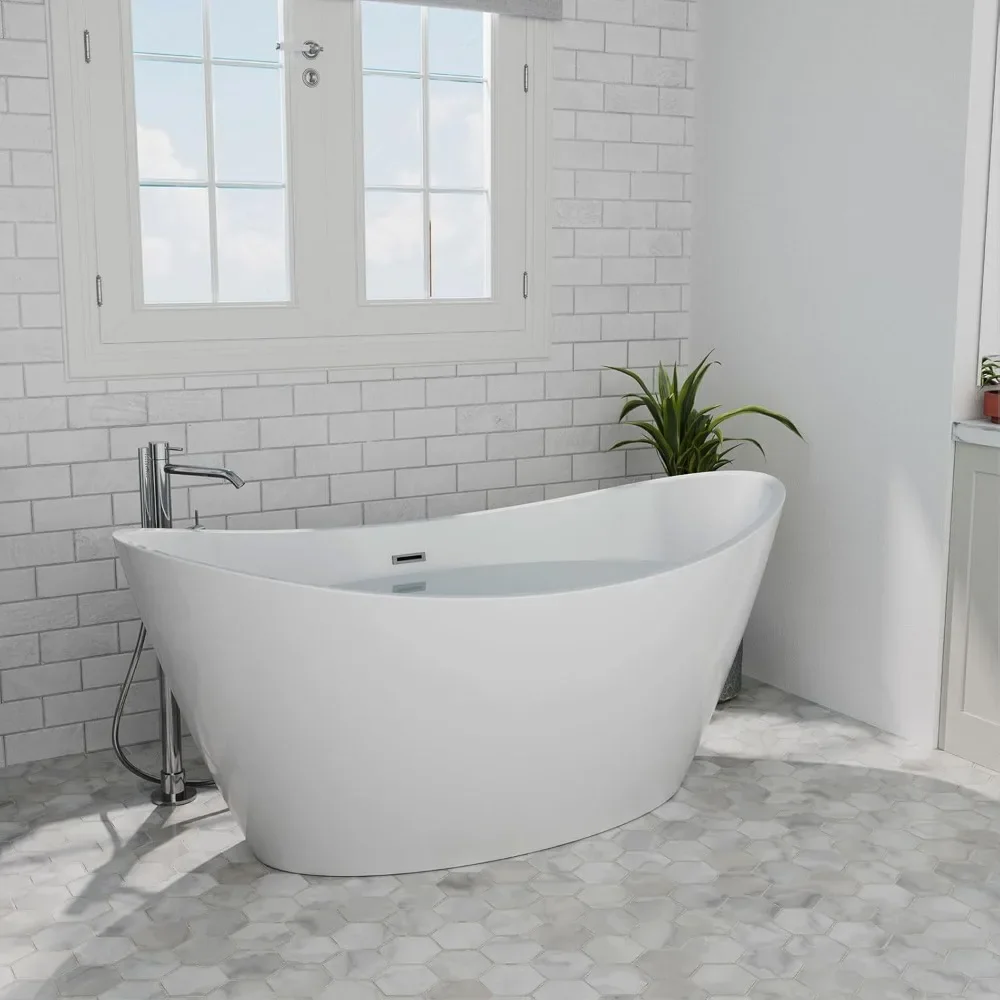 Bathtub, 59 Inch, Modern Freestanding, Spa Bathtubs, Deep Soaking Tub, Deluxe Acrylic Soaking, Freestanding Bathtub