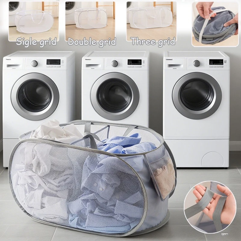 

Home Bathroom Mesh Storage Basket Foldable Portable Dirty Clothes Basket With Side Pocket Bathroom Clothes Organizer cesto ropa