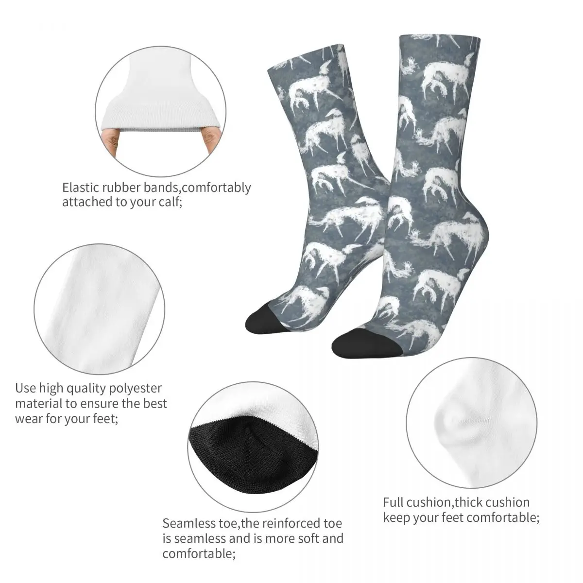 Crazy Design White Borsois Sports Socks Greyhound Whippet Sighthound Dog Polyester Middle Tube Socks for Unisex Non-slip