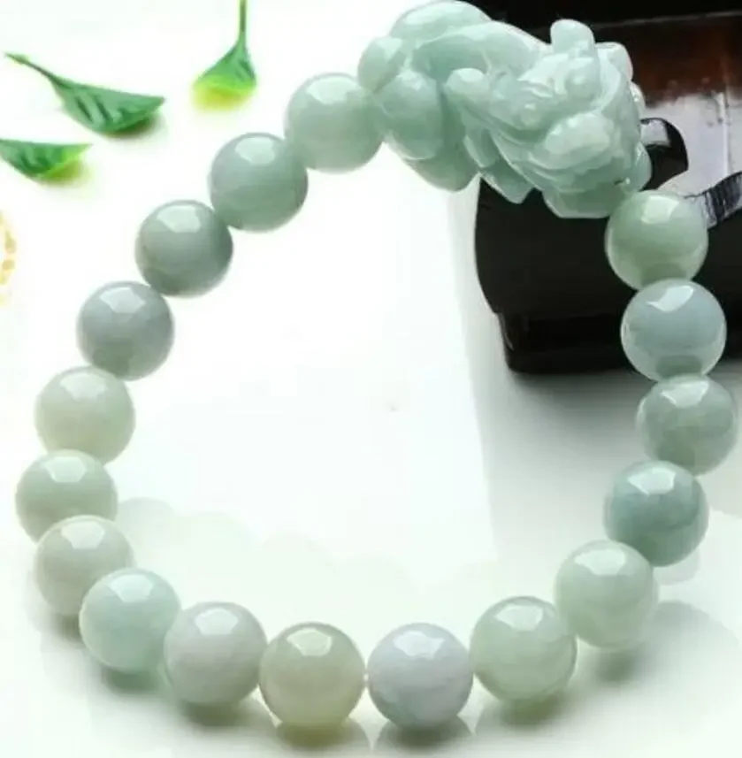 Pure Natural A Grade JadeJadeite stone Smooth Bead & pixiu Bracelet Elastic