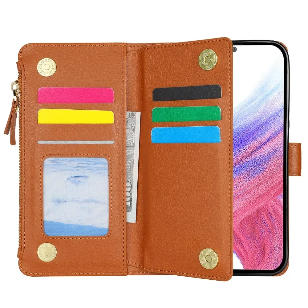 Zipper Wallet Card Holder Elastic Wrist Strap Phone Case For Samsung Galaxy A55 A15 A54 A53 A52S A52 A73 A72 A14 A13 5G A51 A71