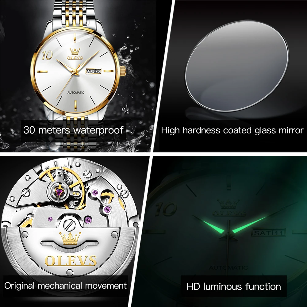 OLEVS 6632 Fashion Mechanical Watch Gift Stainless Steel Watchband Round-dial Wristwatch Week Display Calendar Luminous