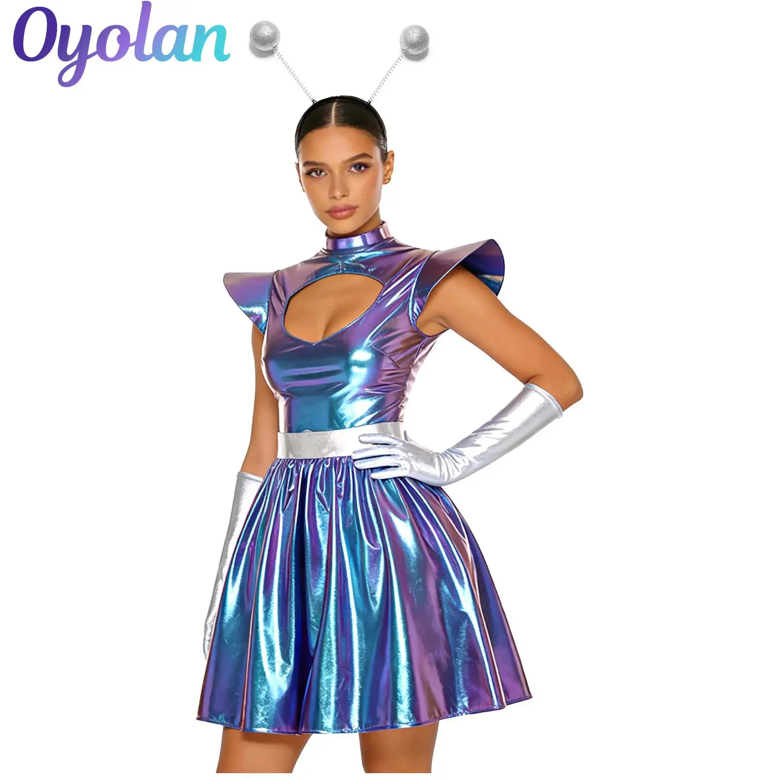 

Womens Alien Astronaut Cosplay Dress with Gloves And Hair Loop Set Cutout Neck Metallic Shiny Dress Carnival Outer Space Costume