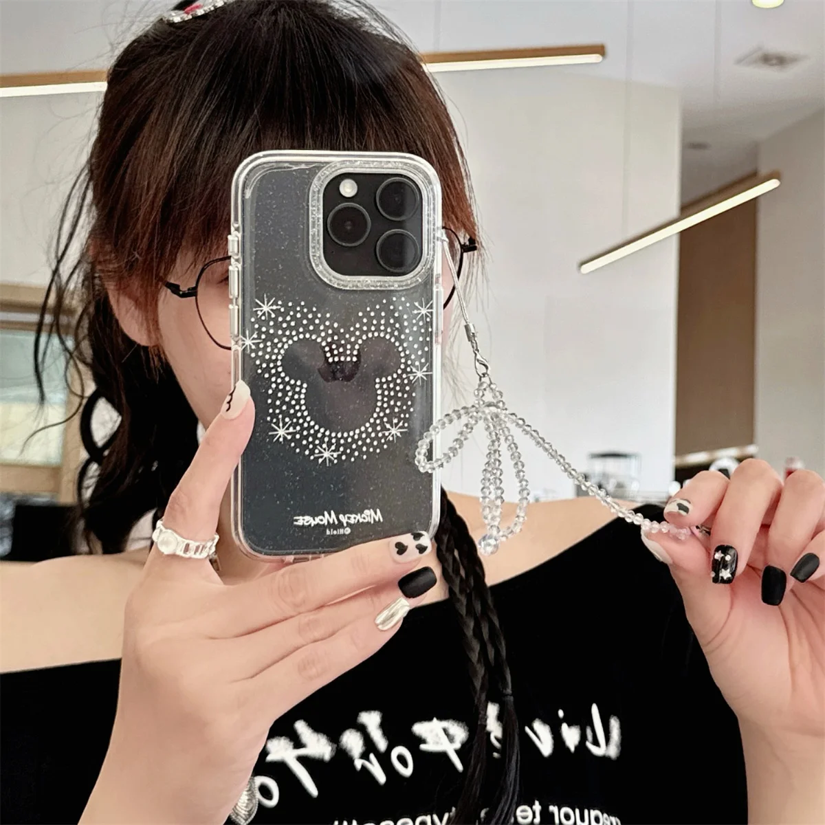 

Clear Cute Diamond Mickey Phone Case For iPhone 16 Pro 14 15 13 Pro Max Back Cover with Lovely Pendant Shockproof Cases