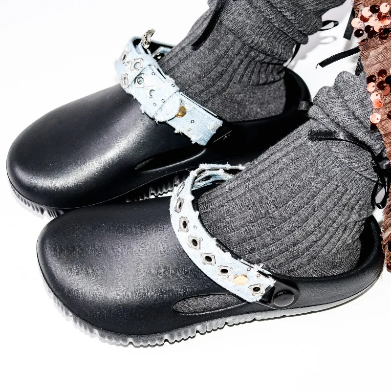 

Black Chunky Clogs with Light Blue Denim Strap Studded Rivets Retro Streetwear Slippers