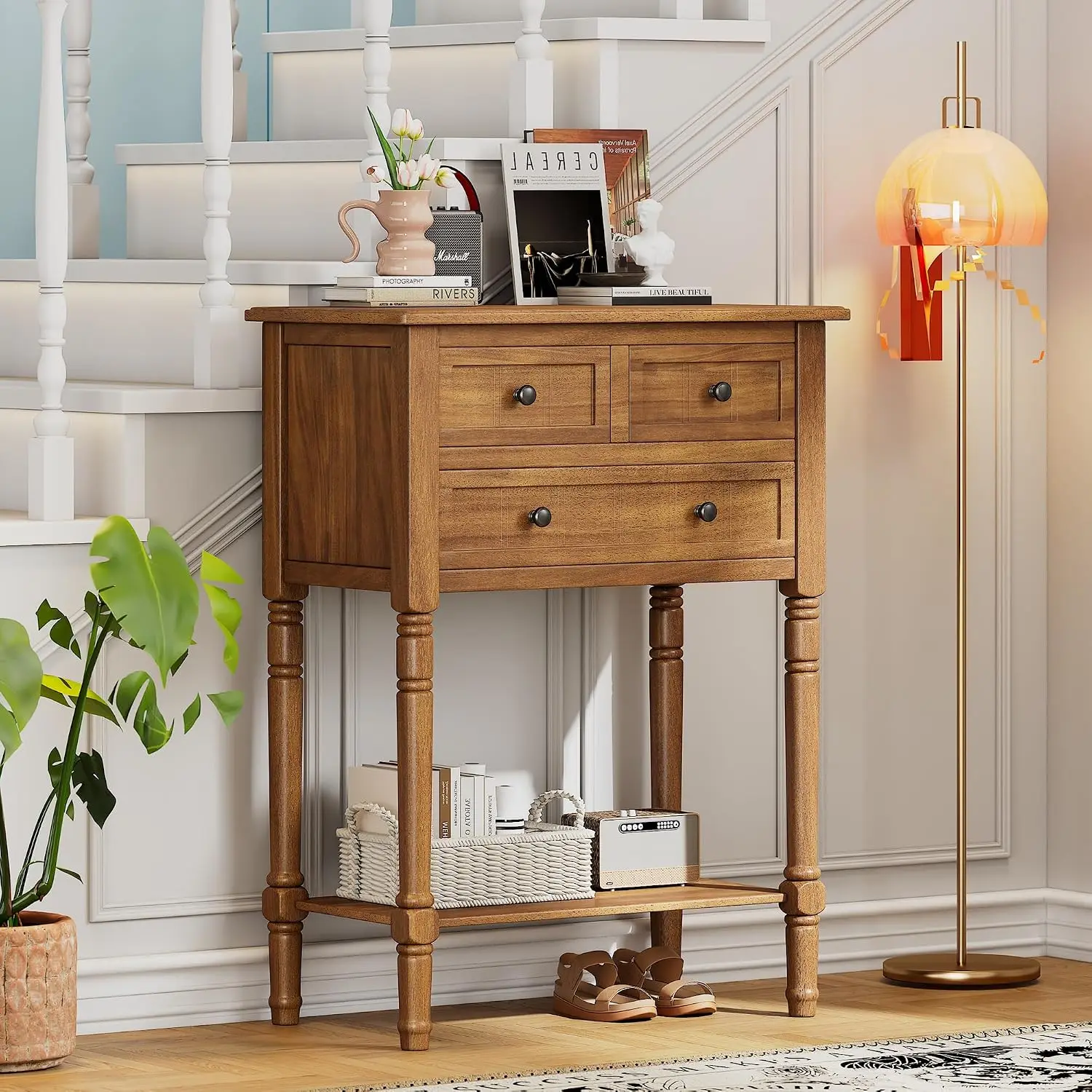 Knocbel Slim Antique Entry Console Table with 3 Drawers & Bottom Open Shelf, Solid Wood Narrow Sofa Couch Table for Entryway Hal