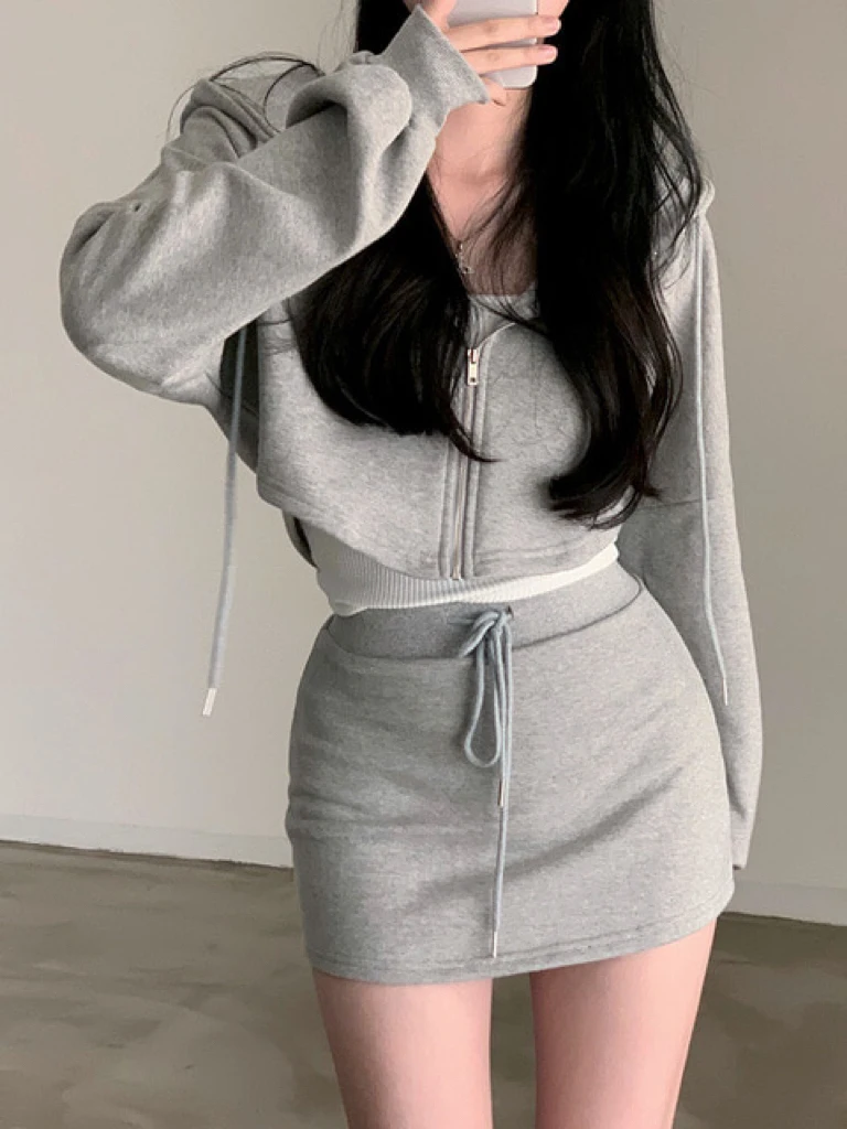 

Faionable, осенняя толстовка с капюшоном, джерт и юбка с высокой талией, женский комплект свободного покроя, повседневный шикарный комбинированный наряд