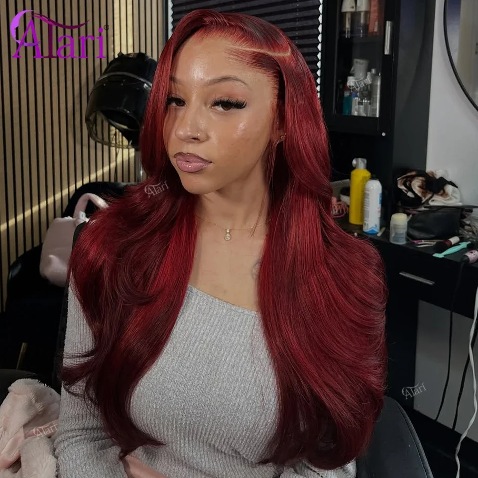 Peluca de Cabello Humano Ondulado con Encaje Frontal 13x4 Color Rojo Rubí Intenso, Peluca de Cabello Remy con Encaje Frontal Transparente 13x6 Pre-Arrancada para Mujer