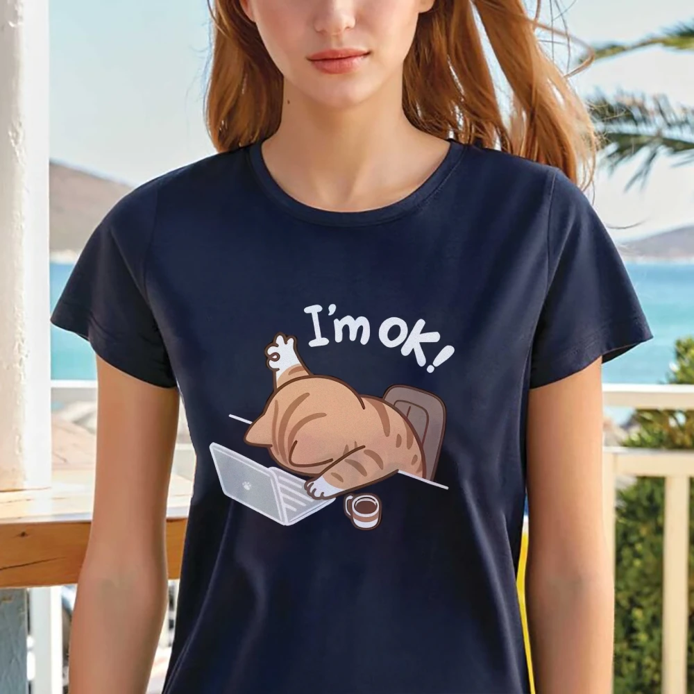 ฉันโอเค น่ารักการ์ตูนคิตตี้แคทกราฟิกเสื้อยืดผ้าฝ้ายเสื้อฤดูร้อนสวมใส่คิวท์คอร์สไตล์เสื้อผ้าสำหรับเด็กผู้หญิงผู้ชาย