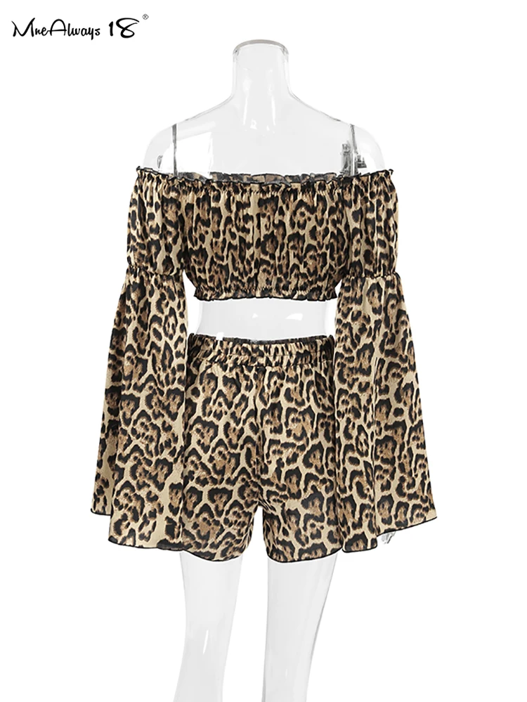 Mnealways18 Leopard Print Causal Sleepwear Shorts Suits Flare Sleeve Cropped Tops And Shorts Two Pieces Sets Summer Autumn 2024