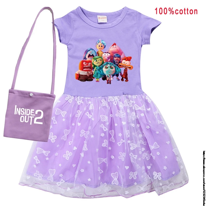 Inside Out2 New Clothes Kids Short Sleeve Casual Dress Baby Girls Lace Dress & Bag Children Wedding Party Vestidos Best Gift