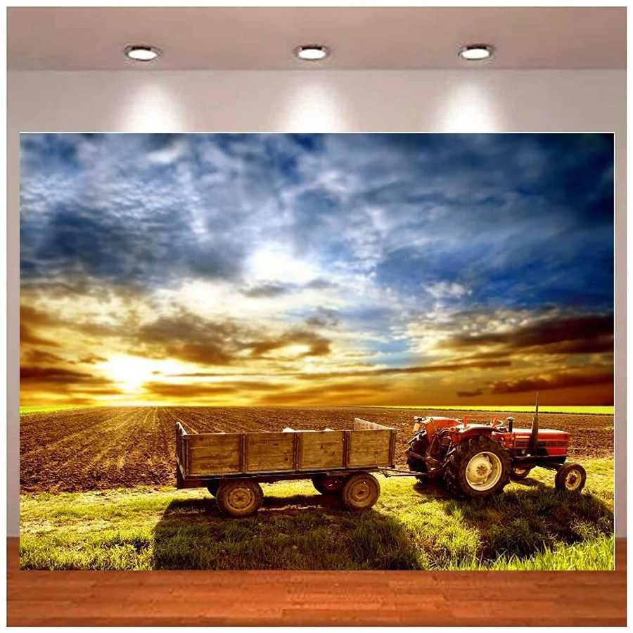 Photography Backdrop Farmland Agriculture Autumn Harvest Season Countryside Farm Field Tractor Farm Background Sunset Scenery