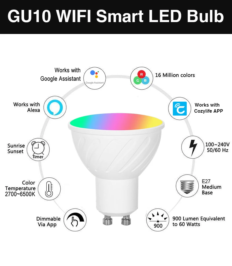 HomeKit LED Spotlight GU10 WiFi Smart App Dimming RGBCW lampadina Siri Alexa Google SmartThings Alice Voice Control Home Assist