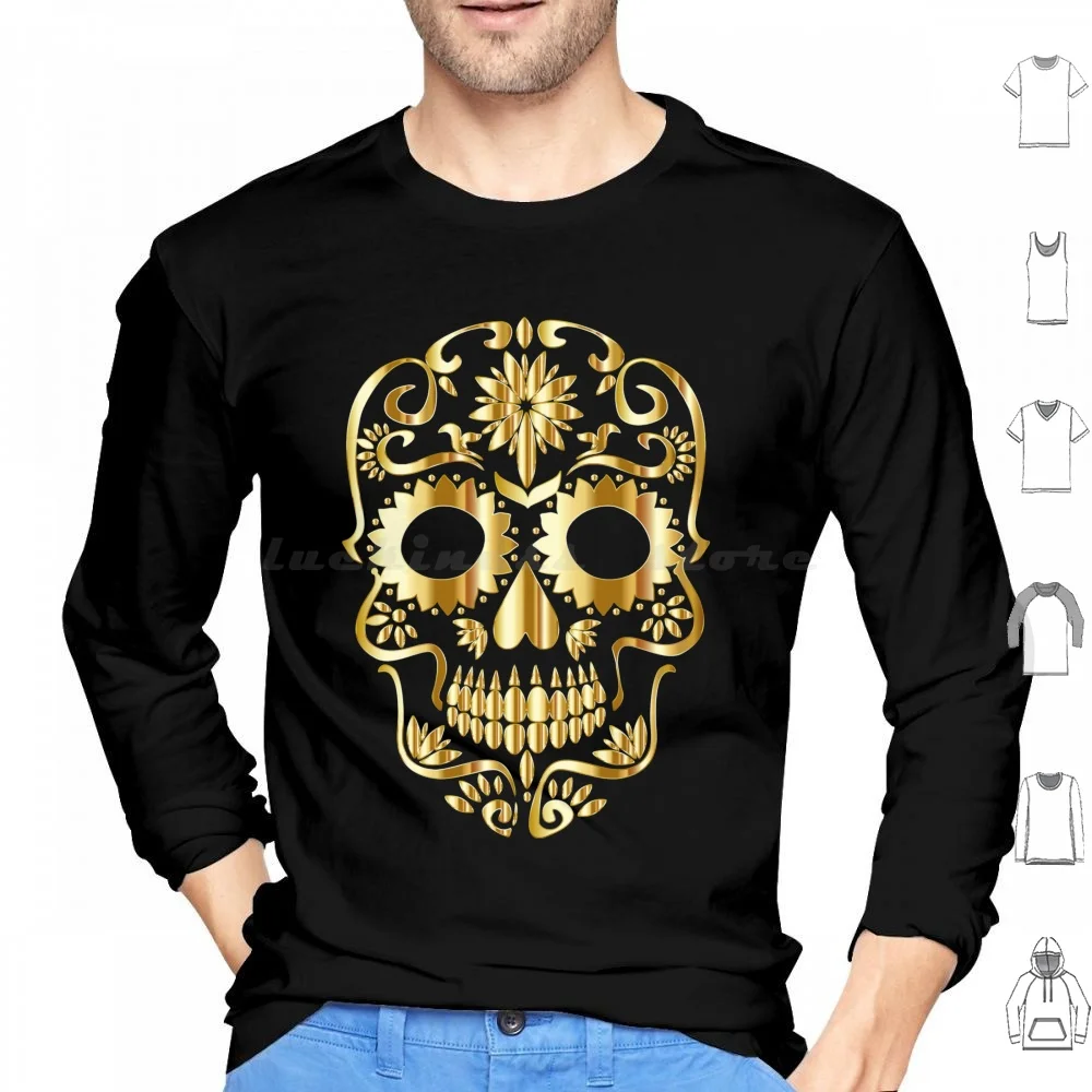 Gold Sugar Skull Hoodie cotton Long Sleeve Sugar Skull Day Of The Dead Skull Dia De Los Muertos Halloween Mexico