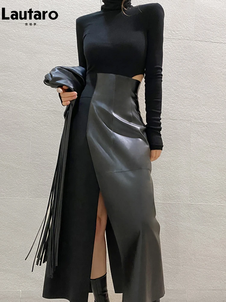 Lautaro Spring Autumn Long Sexy Patchwork Pu Leather Midi Skirt Women with Slit High Waist 2024 Luxury Designer Clothes Fashion