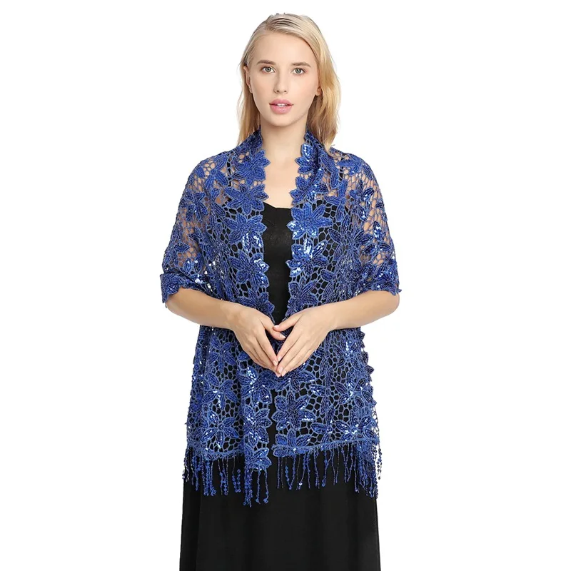 

Spring Autumn New Sequin Tassel Shawl Cape European American Dinner Party Cheongsam Shawl High-end Shawl Woman Cloak Blue