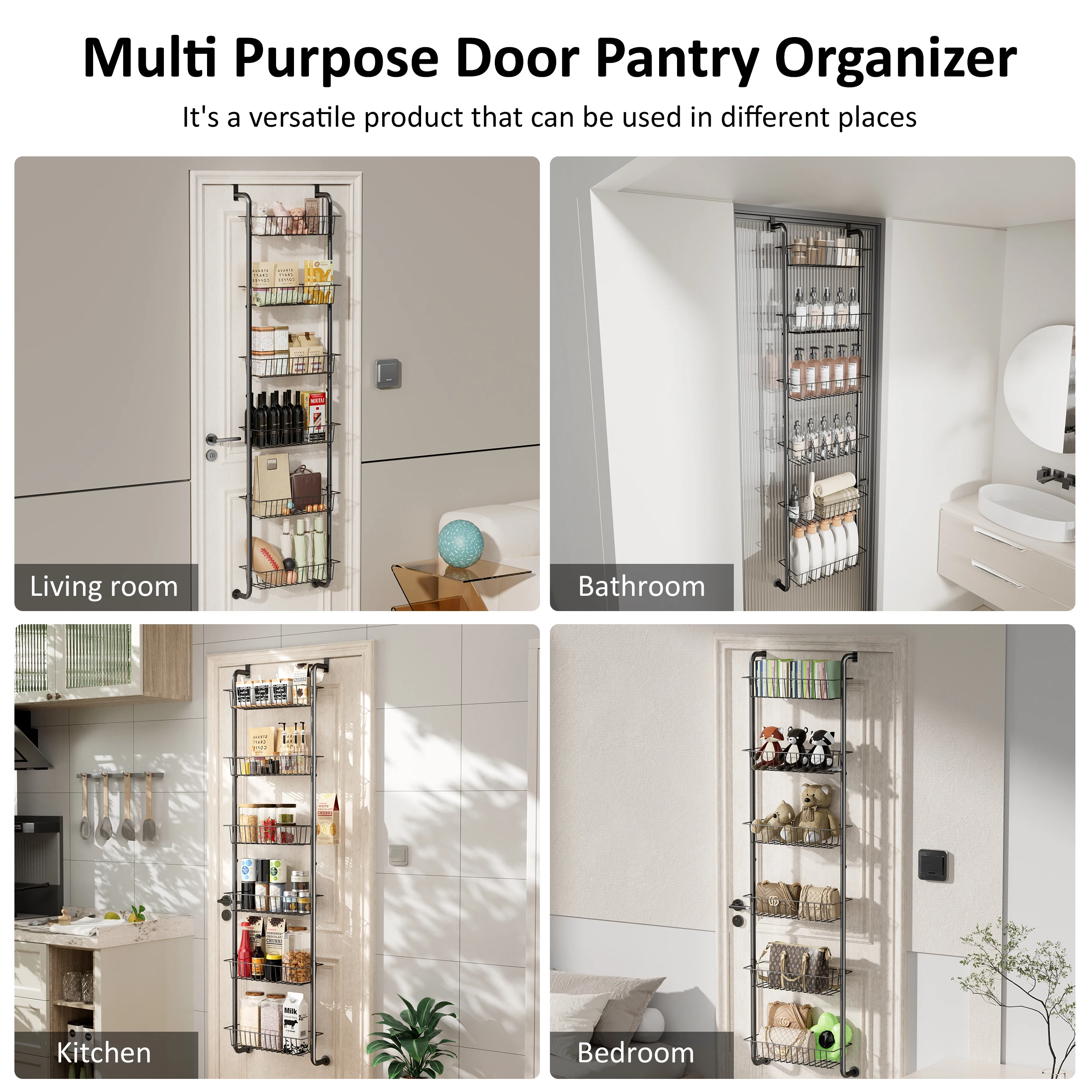 منظم أبواب PrettyCare مكون من 6 أرفف ورف معدني شديد التحمل لتنظيم المطبخ، أسود، BA01