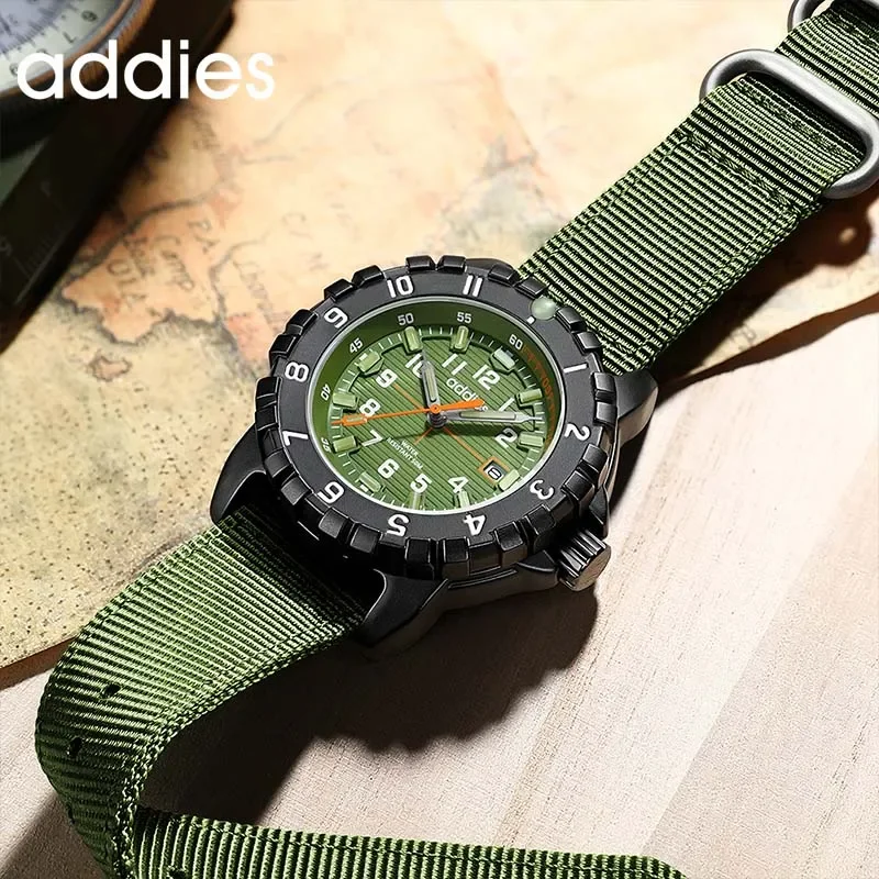 ADDIES Military Men Watch 25cm Nylon Strap 50M Water Resistance Luminous Tube Display Outdoor Sporty Quartz Wristwatch Calendar