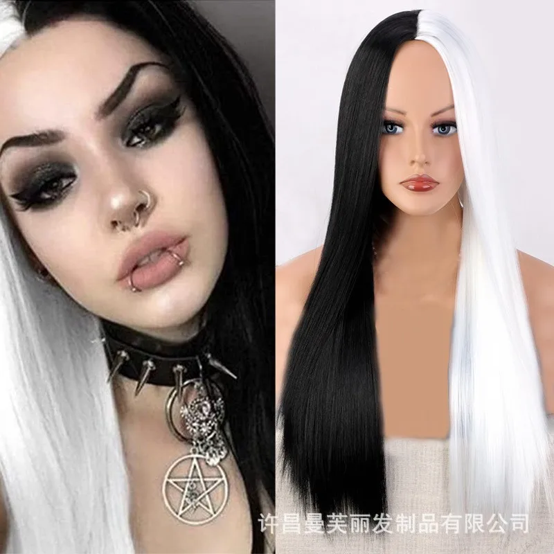 Yin Yang cabeça cosplay perucas para mulheres, preto e branco, dois tons divididos, cabelos longos e lisos, fibra química, tampa da cabeça