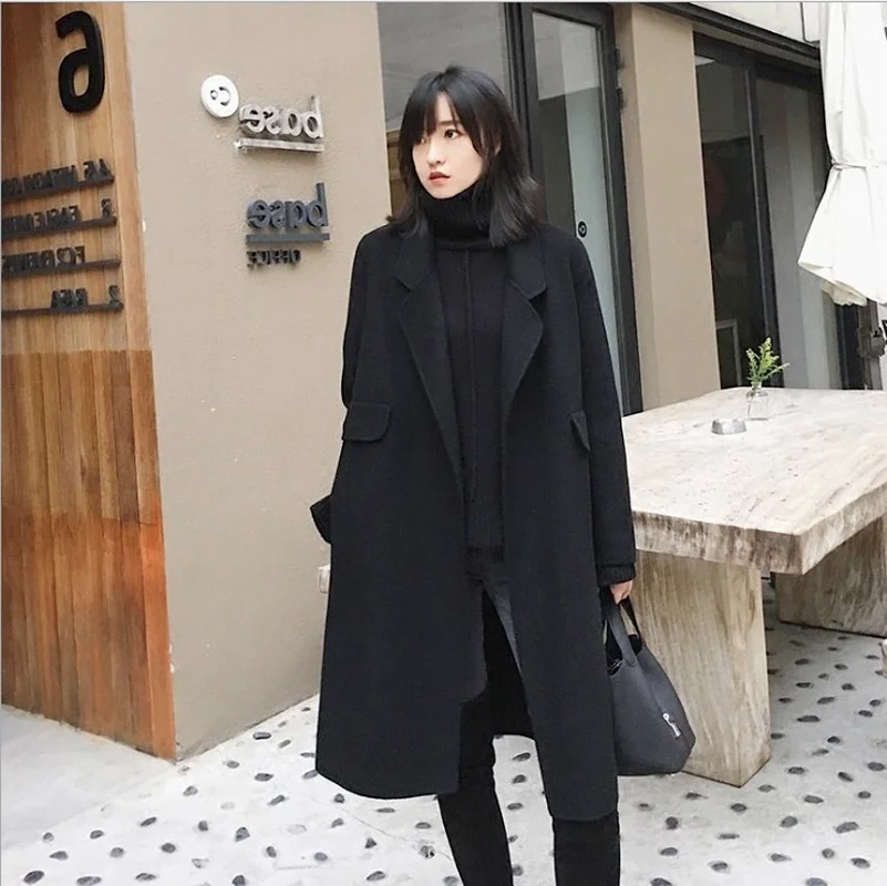 Double Sided Fashion Cashmere Wool Coats Women Lapel Solid Color Knee-Length Long Outwears Warm Thick Autumn Winter Overwears