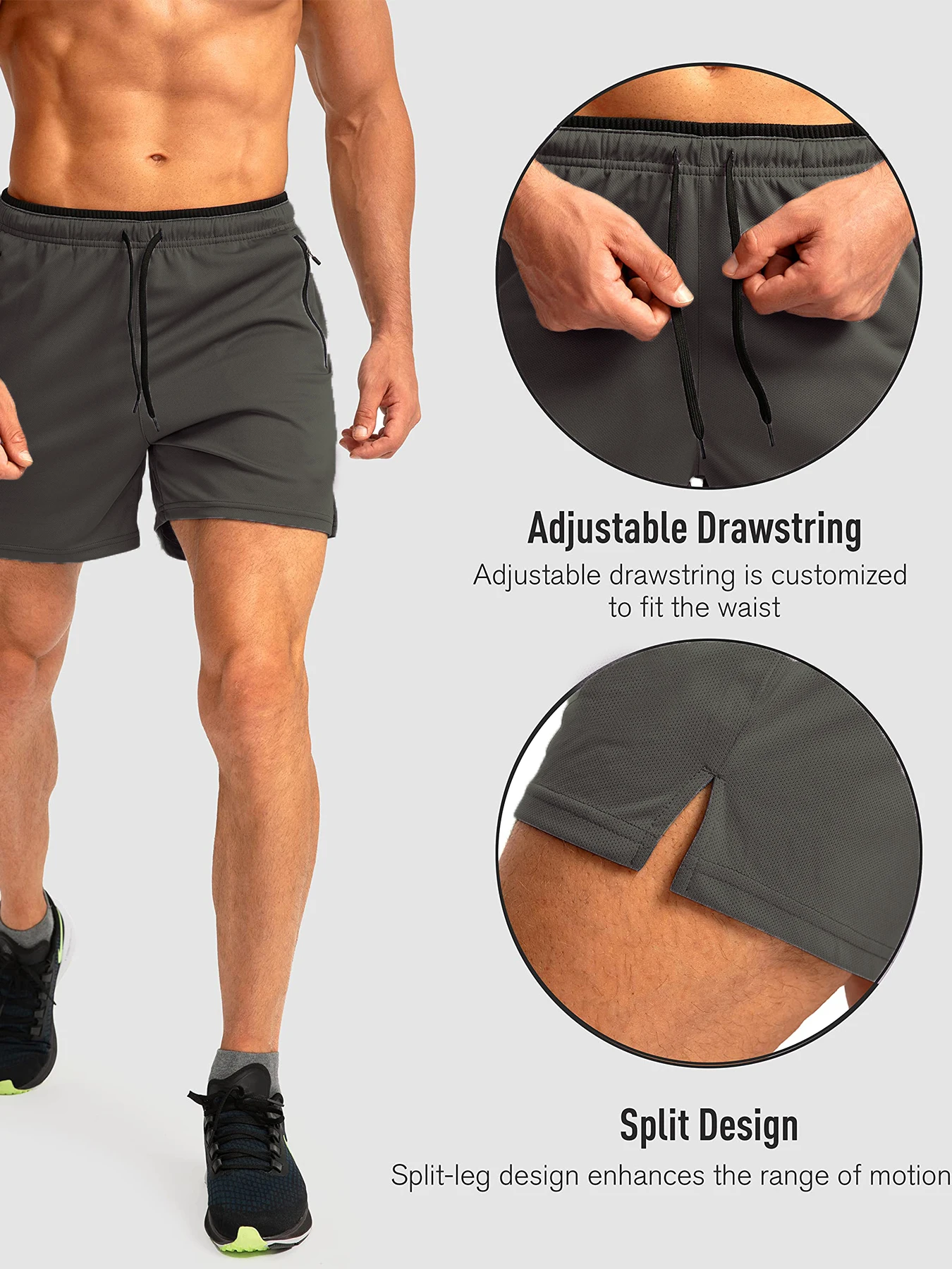 Herren-Laufshorts mit Reißverschlusstaschen, schnelltrocknend, geeignet für Fitness-Workouts, 5-Zoll-Herrenshorts – Detail 4