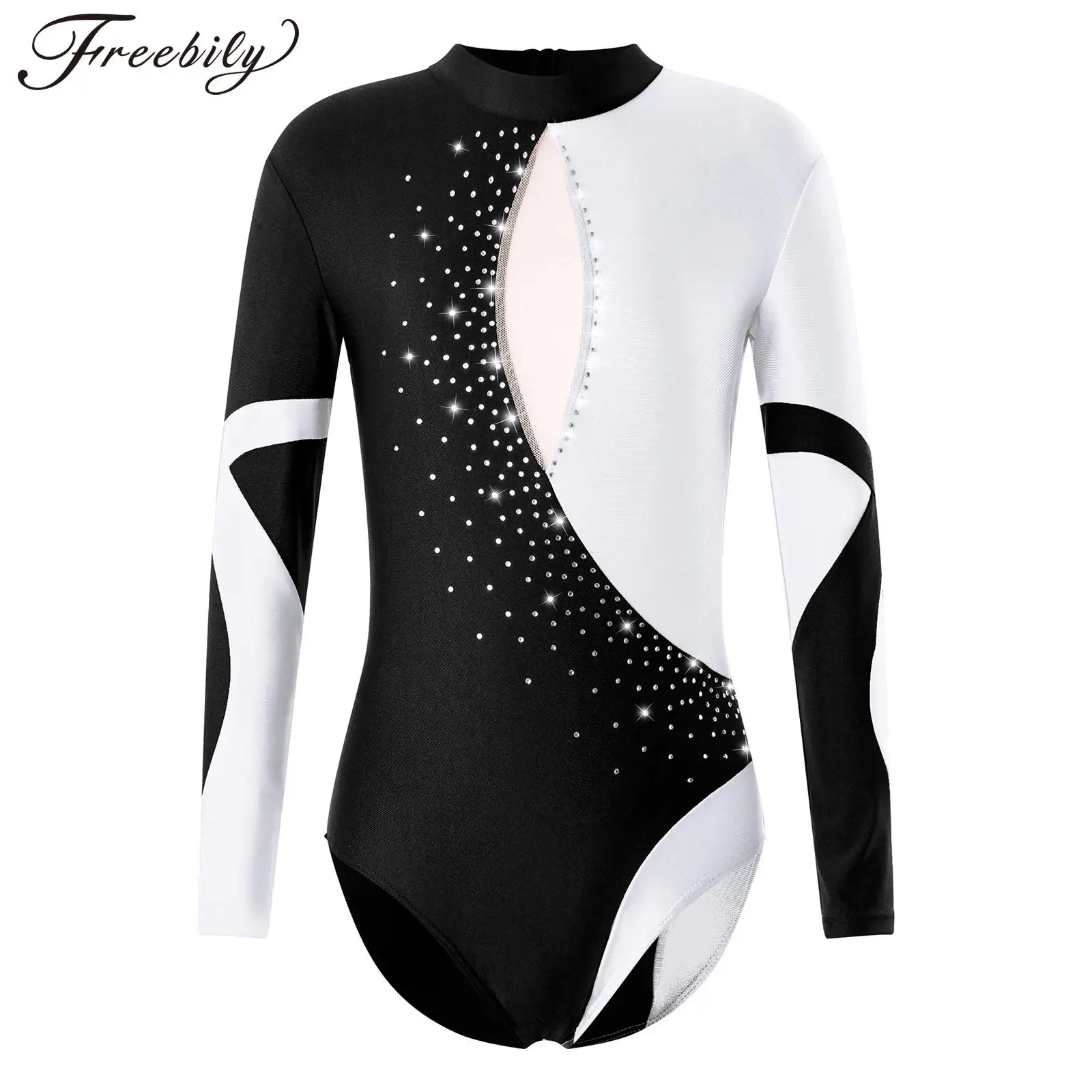 Children Gymnastics Leotard for Girls Open Back Long Sleeve Shiny Rhinestone Ballet Dance Leotards Kids Ice Skating Jumpsuit