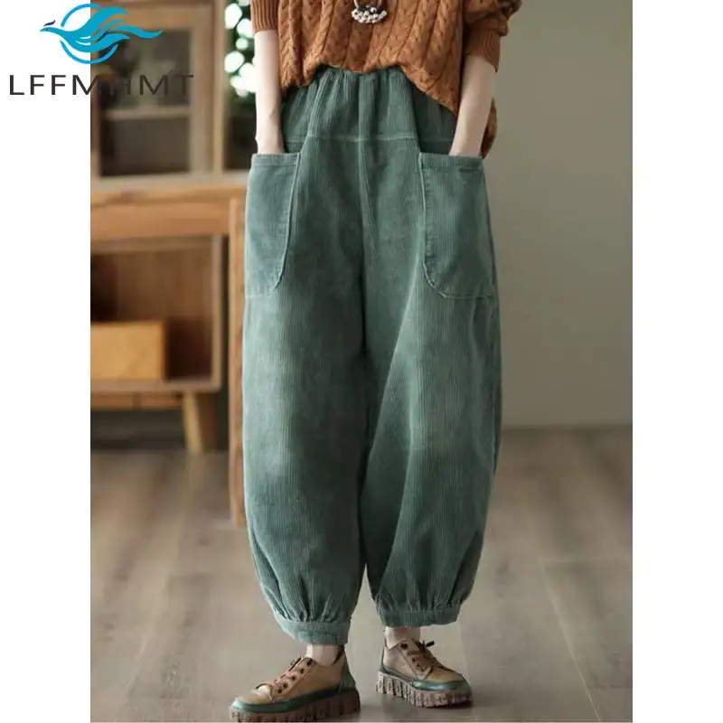 Women's Corduroy Pants Autumn Winter Vintage Artistic Loose Fitting Haren Pants Japan Style Wide Leg Cotton Linen Casual Trouser