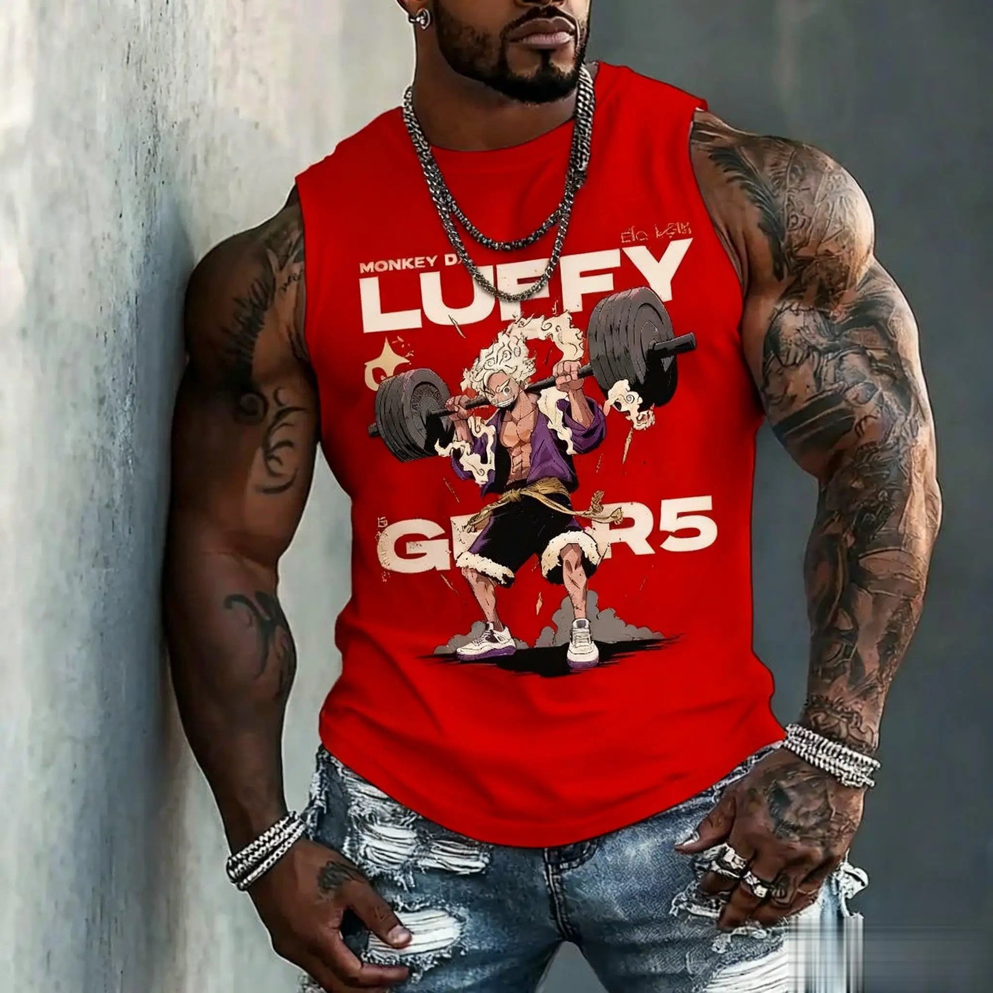 

Цельный аниме Luffy Gear 5, топ без рукавов для фитнеса, мужская уличная одежда, летний повседневный спортивный жилет, рубашка для тренировок, бодибилдинга, мышечная рубашка