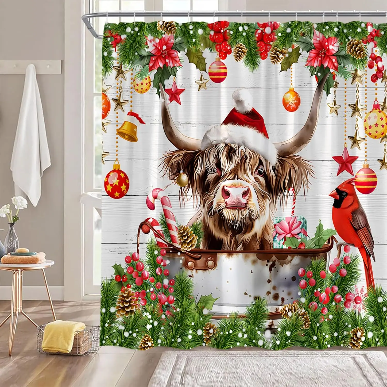 

Занавеска для душа GAEChristmas Cow, забавная хайлендская корова, деревянные веточки, шарик, птица, длинный рожок, пуансеттия, деревенский фермерский дом, ванная комната, дом Cu