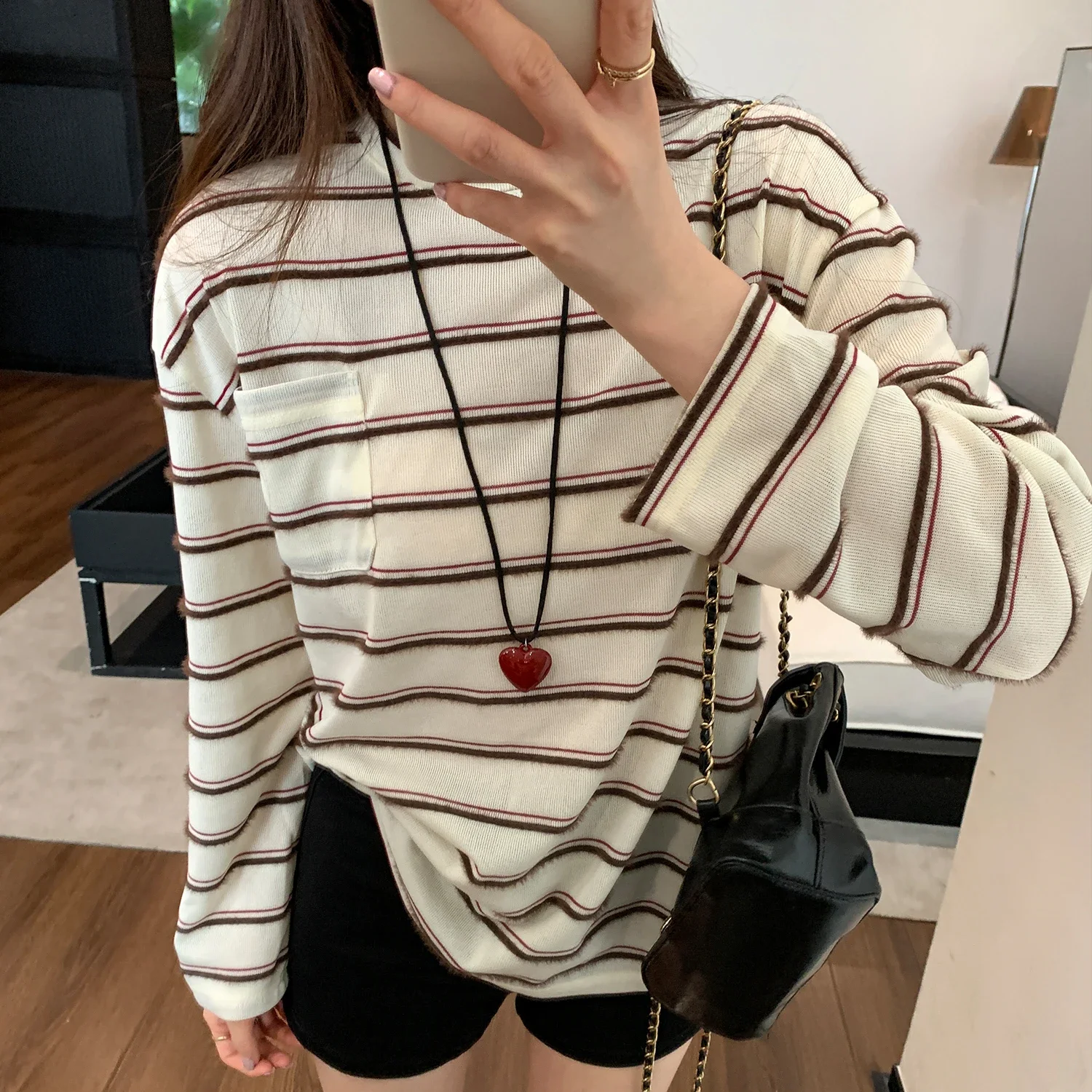 

Y2K Color Block Tshirt Women Striped Round Neck Long Sleeve Loose Top Autumn Lazy Style