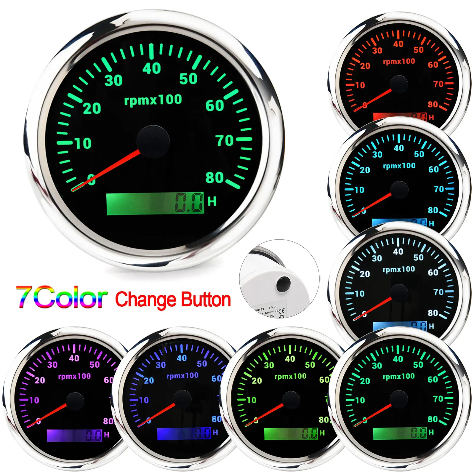 85MM Diesel Engine Tachometer + Sensor RPM Gauge REV Counter 0-7000RPM with Digital Hourmeter 7 Color Backlight Optional 12V 24V