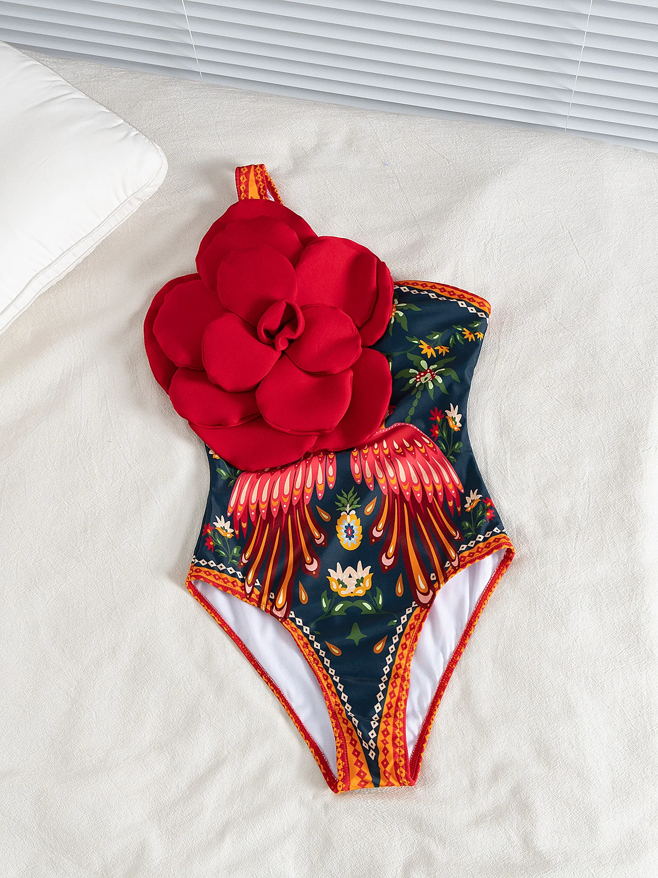 2025 Sexy One-Piece Swimsuit – Tropical Bird Print with 3D Red Flower Perfect for Beach Wear and Pool Parties Summer Beachwear