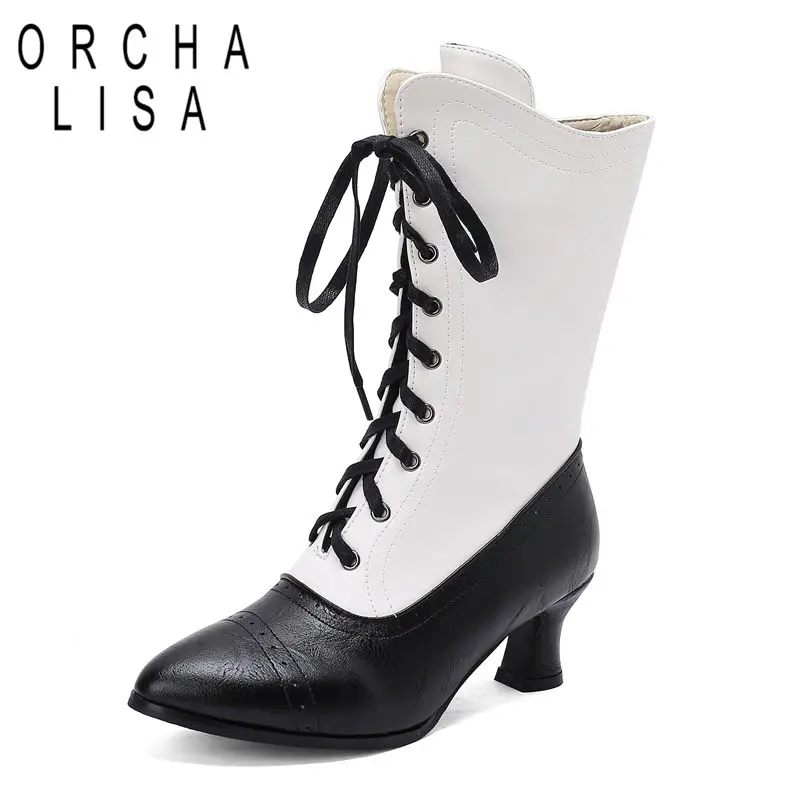 

ORCHA LISA 2025 Винтажные женские сапоги до середины икры с острым носком на странном каблуке 5,5 см на шнуровке, большой размер 45 46 47 48 для отдыха на каждый день Bota