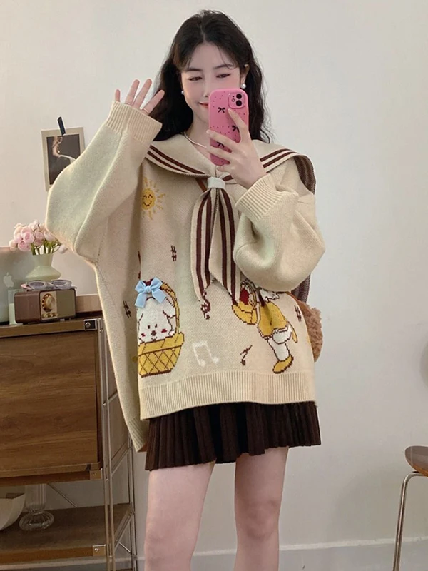 

plus Size 300 Pou Fat MM Student Navy Collar Sweater Jaet Women Autumn Winter Sweet Sle Cartoon Bear Knitted irt