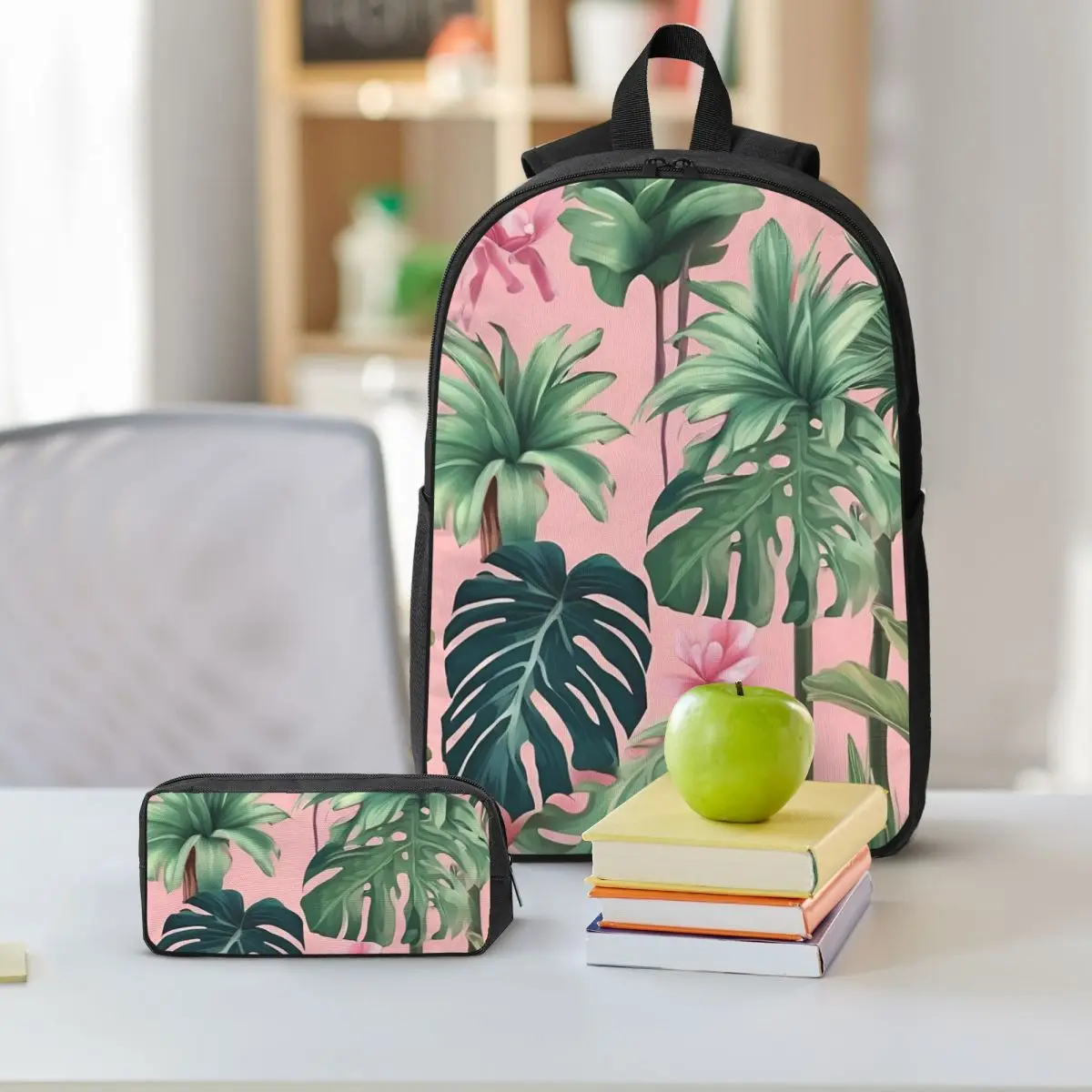 Tropical Palm Leaves Foliage Backpack Student BookBag School Bag Shoulder Bags 3ps Insulated Lunch Bag Pencil Case