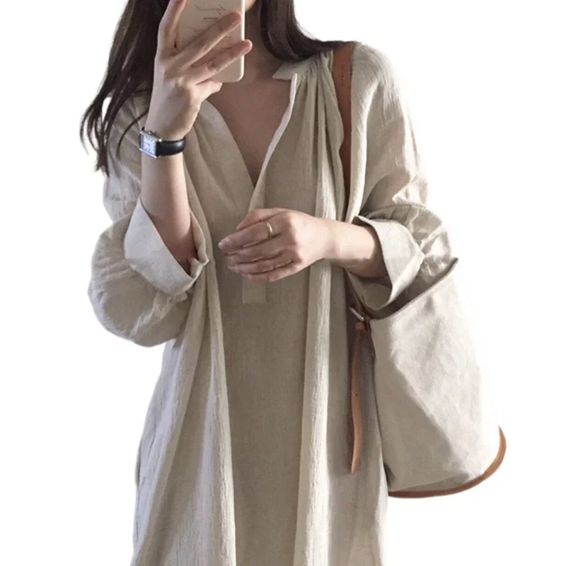 Abito maxi di marca per donna Abito primaverile Sunmer Tinta unita Scollo a V Maniche a tre quarti Abito camicia allentata casual XQ90