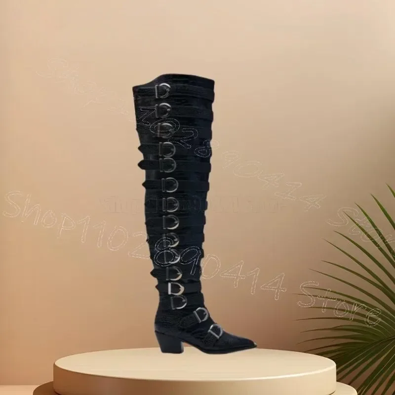 

Black Crocodile Print Buckle Pointed Toe Boots Side Zipper Women Shoes Chunky High Heels Party Banquet 2025 Zapatos Para Mujere