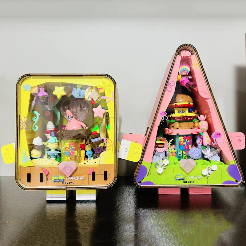 Sembo bloco bob esponja calças quadradas blocos de construção patrick clássico anime cena modelo tijolos luz exibição desktop brinquedos para crianças