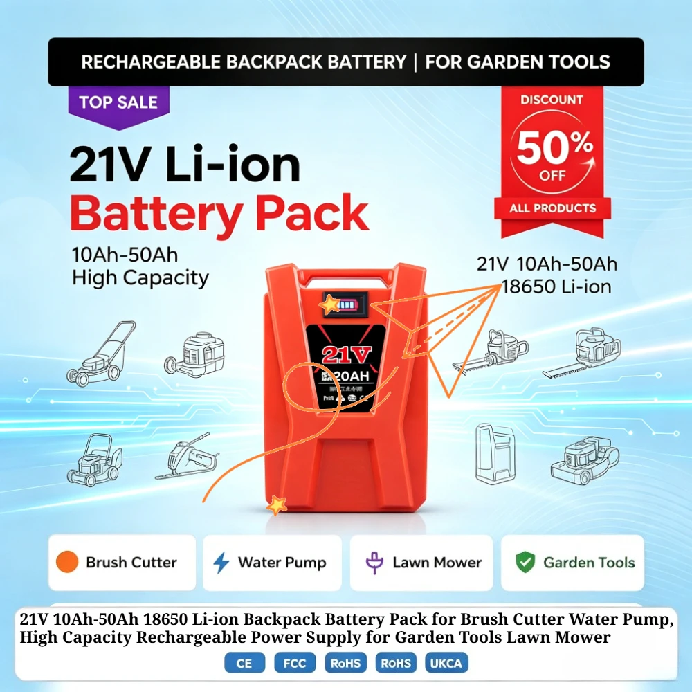 21V 10Ah-50Ah 18650 Li-ion Backpack Battery Pack for Brush Cutter Water Pump, Power Supply + Charger for Garden Tools Lawn Mower