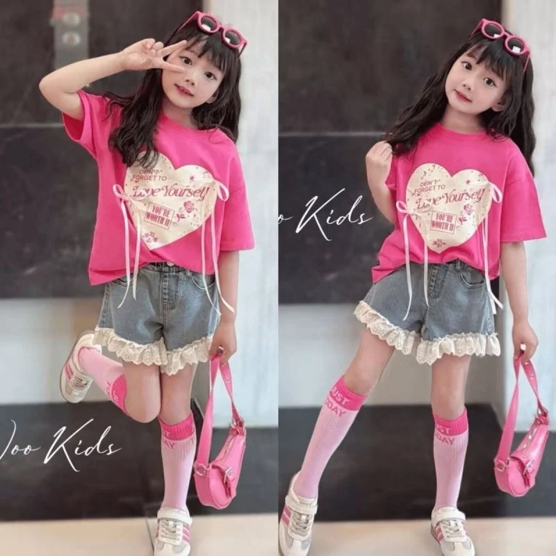 

Girls' Set Summer New Korean Version Children's Bow Printed Short Sleeved T-shirt Lace Denim Shorts Two-piece Set