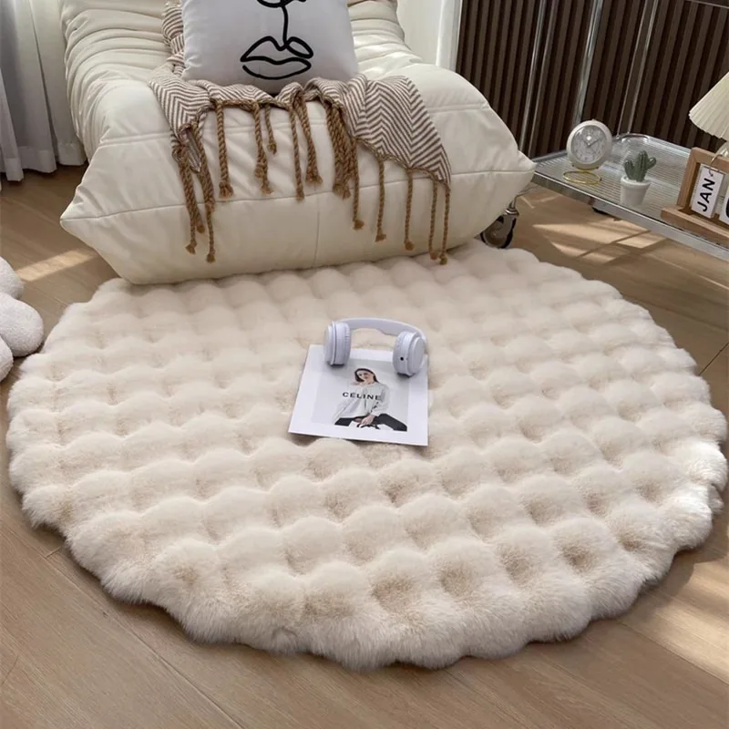 Round Bubble Fleece Fabric Simple Solid Color Fluffy Soft Area Rug Furry Warm Cute Indoor Decorative Carpet Bedside Floor Mat