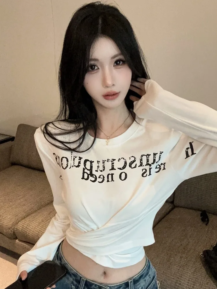 

American Style Hot Girl Shoulder Pad Letter Print Long Sleeve T-Shirt Women's Spring Summer New Crossed Hem Slimming Short Top