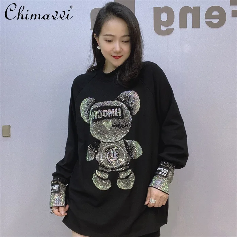 

2025 Loose Inner T-shirt Bear Print Winter Hot Diamond Long-sleeved Large-size Top Thickened Abrasive Bottoming Shirt For Women