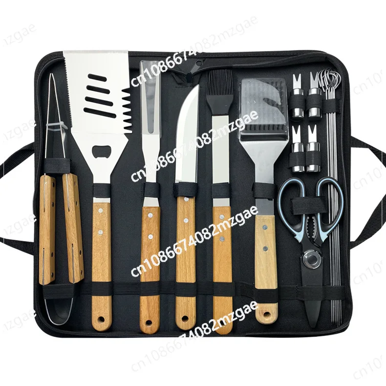 

Outdoor camping barbecue tool combination wooden handle fork shovel clip BBQ accessories cloth bag stainless steel grill set